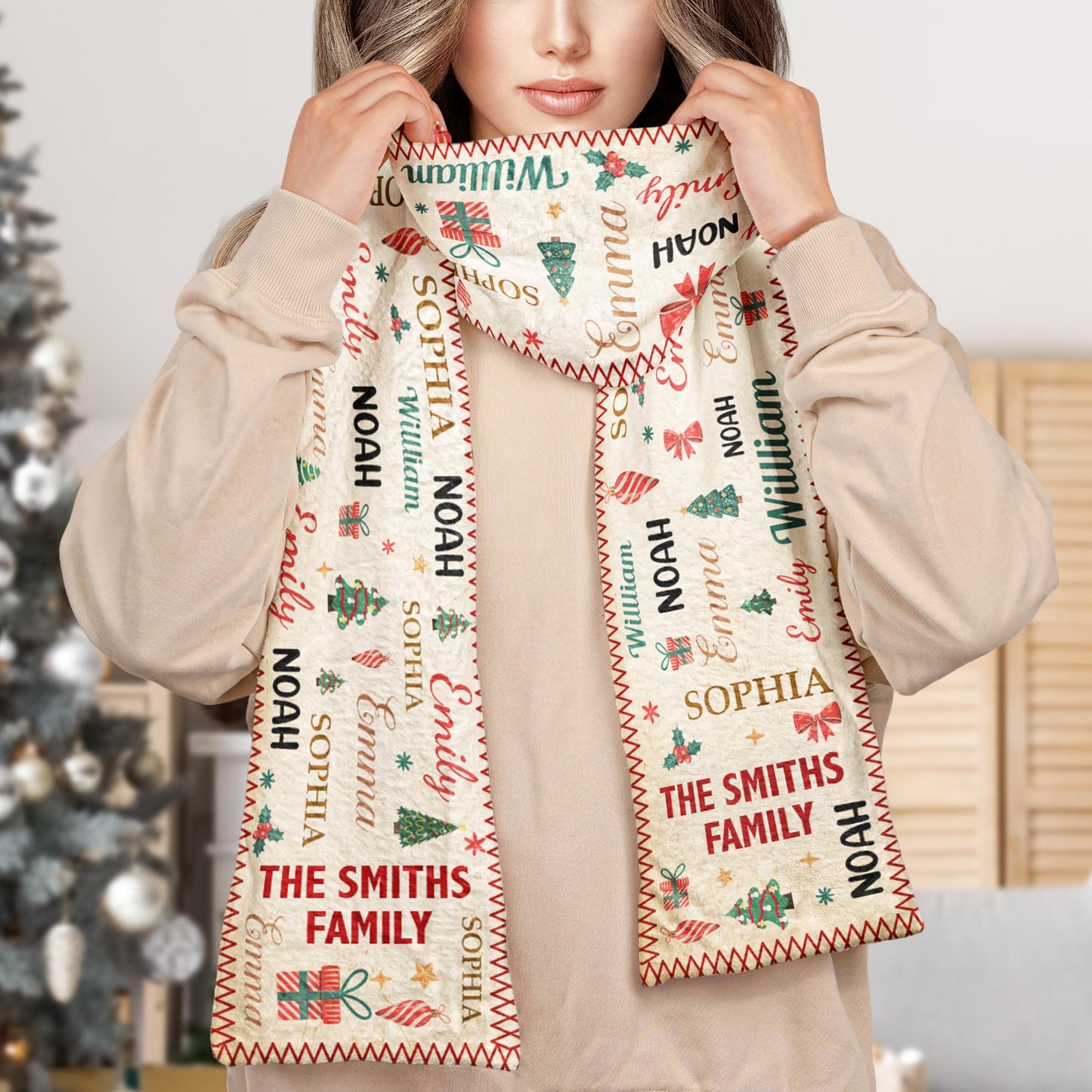 Family Name Word Christmas Theme - Personalized Fleece Scarf