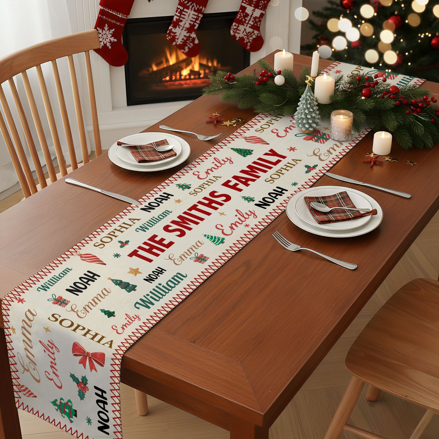 Family Name Word Christmas Theme - Personalized Table Runner