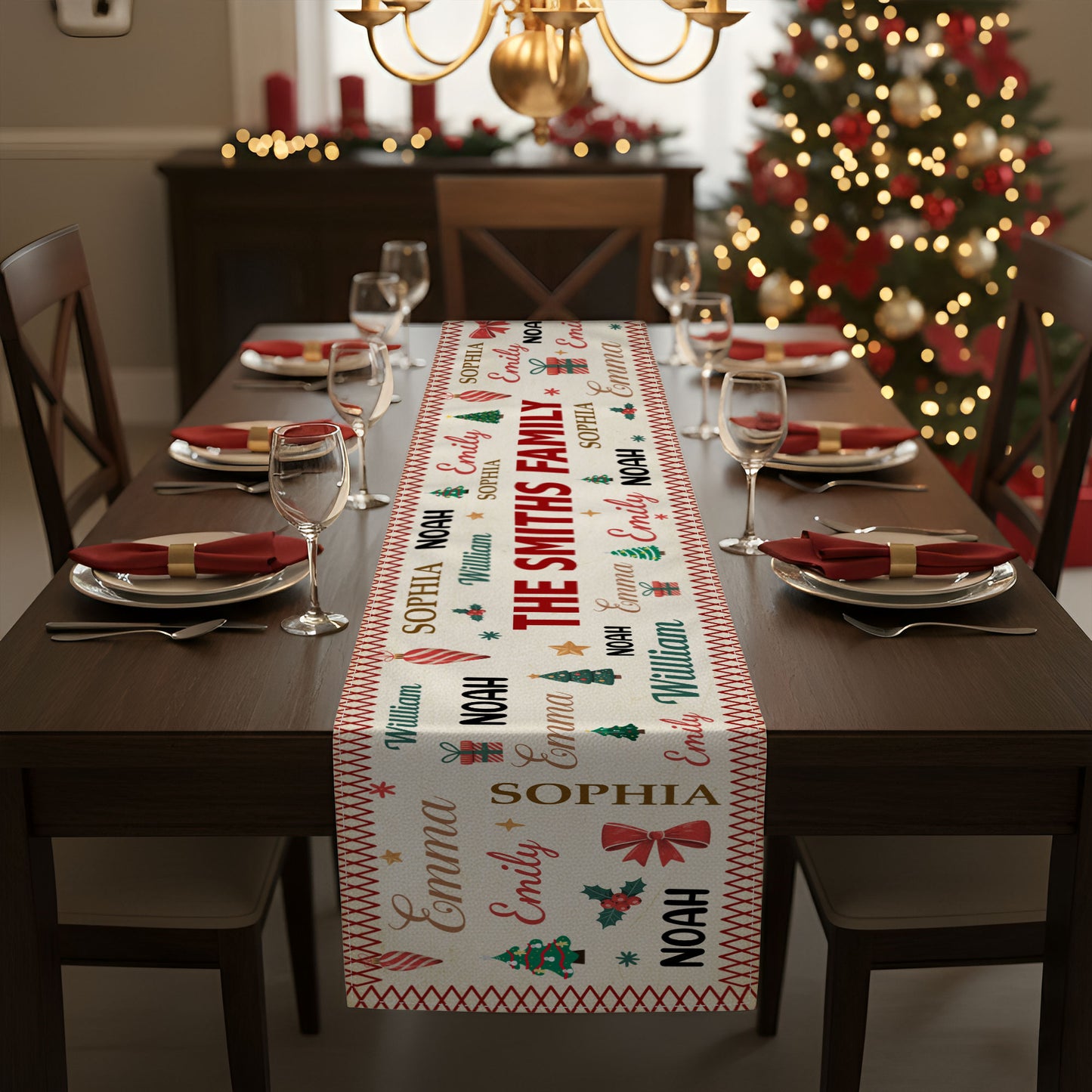 Family Name Word Christmas Theme - Personalized Table Runner