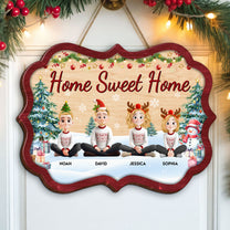 Family Sitting Festive Christmas Together - Personalized Wood Sign
