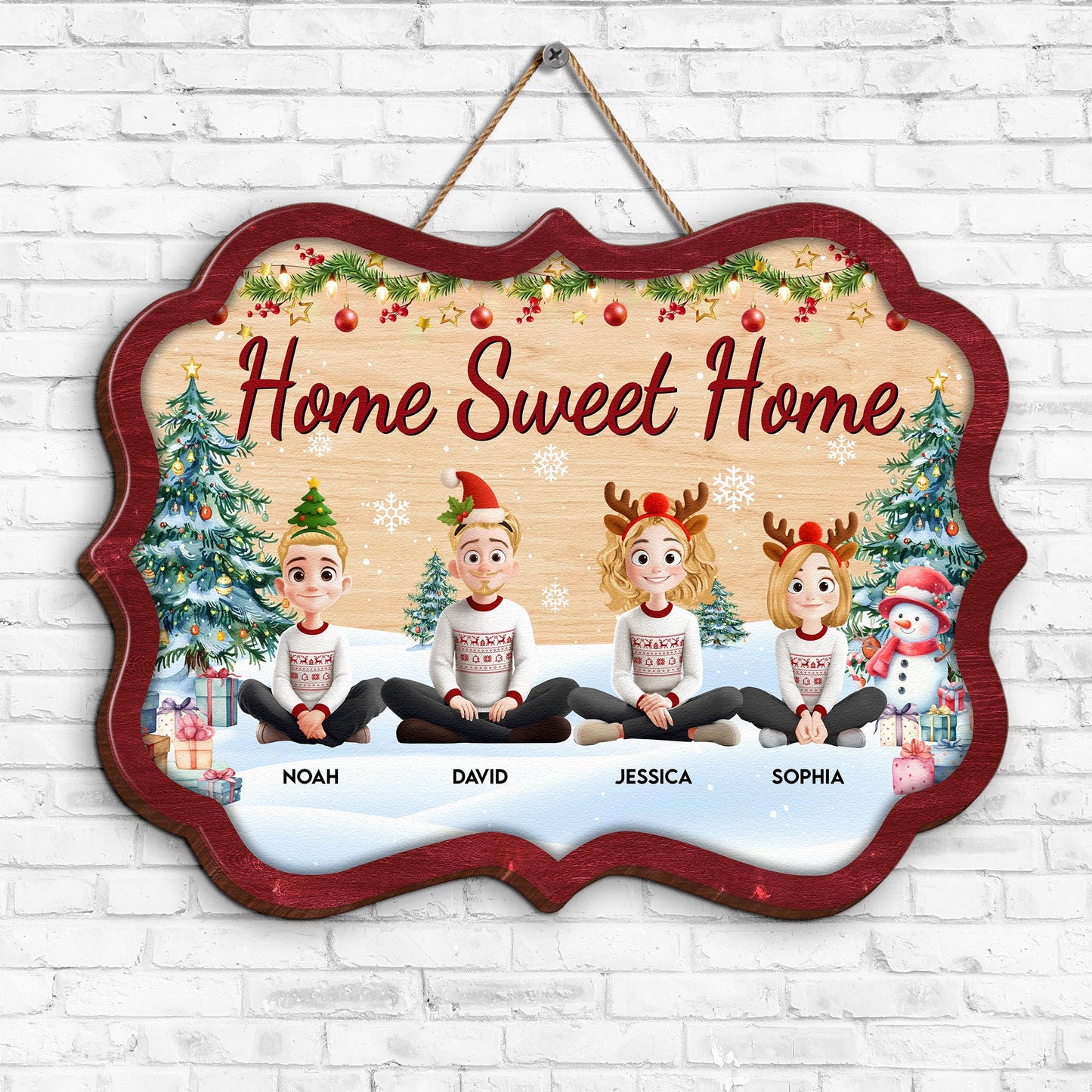 Family Sitting Festive Christmas Together - Personalized Wood Sign