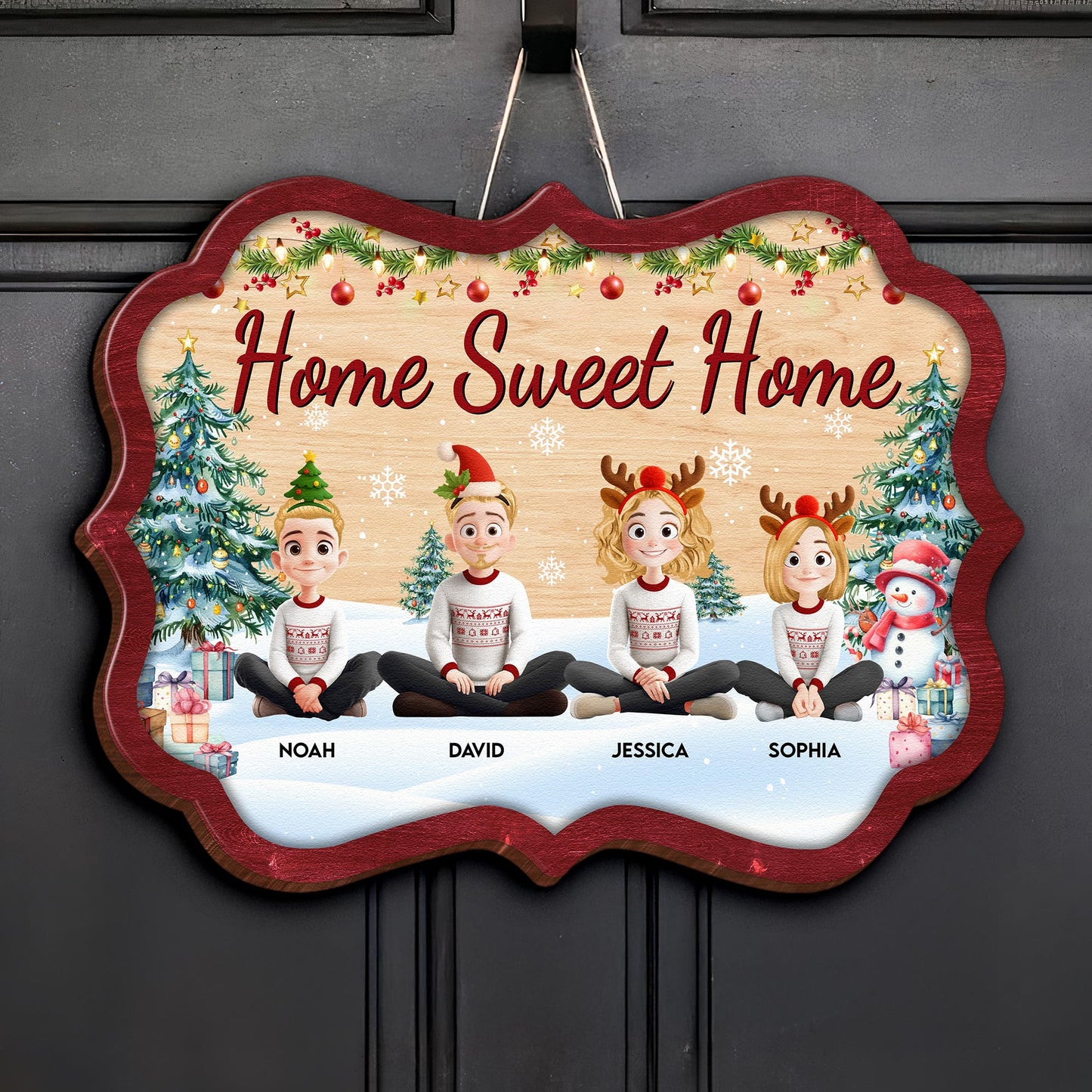 Family Sitting Festive Christmas Together - Personalized Wood Sign