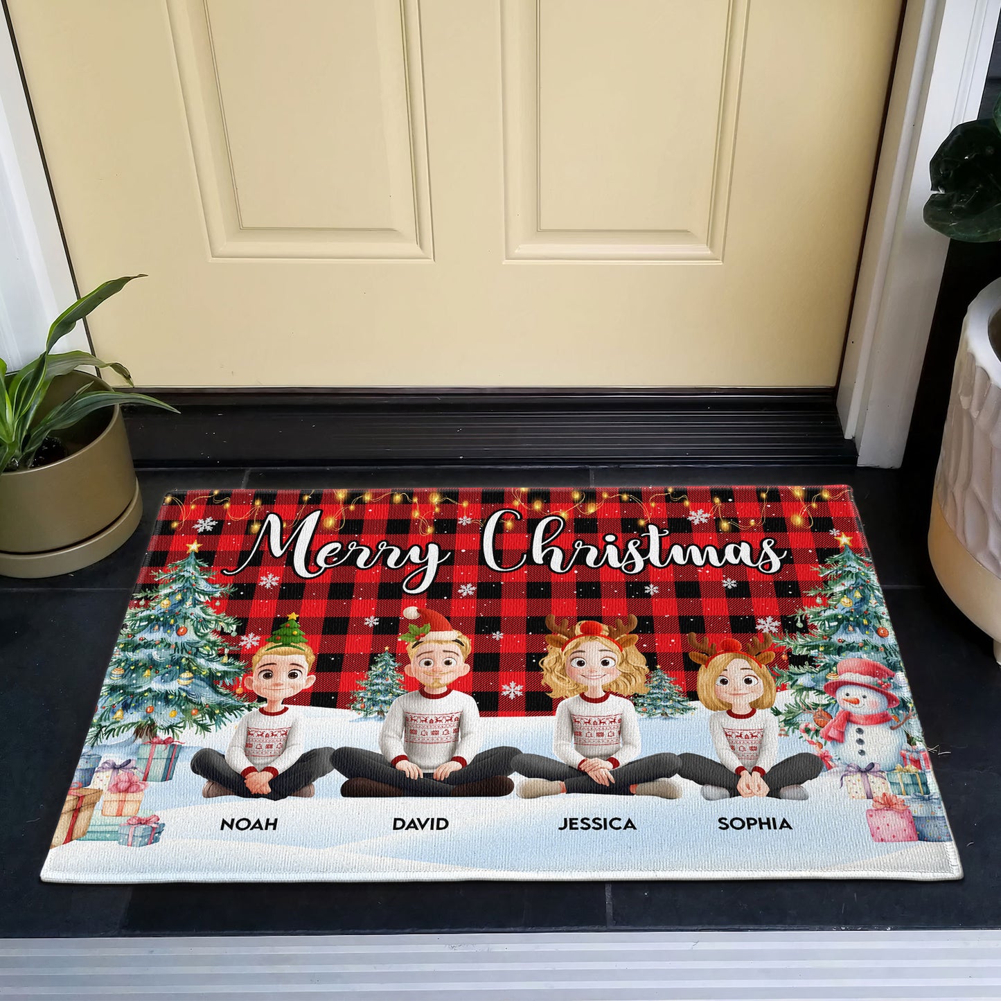 Family Sitting Festive Our Christmas Together - Personalized Doormat