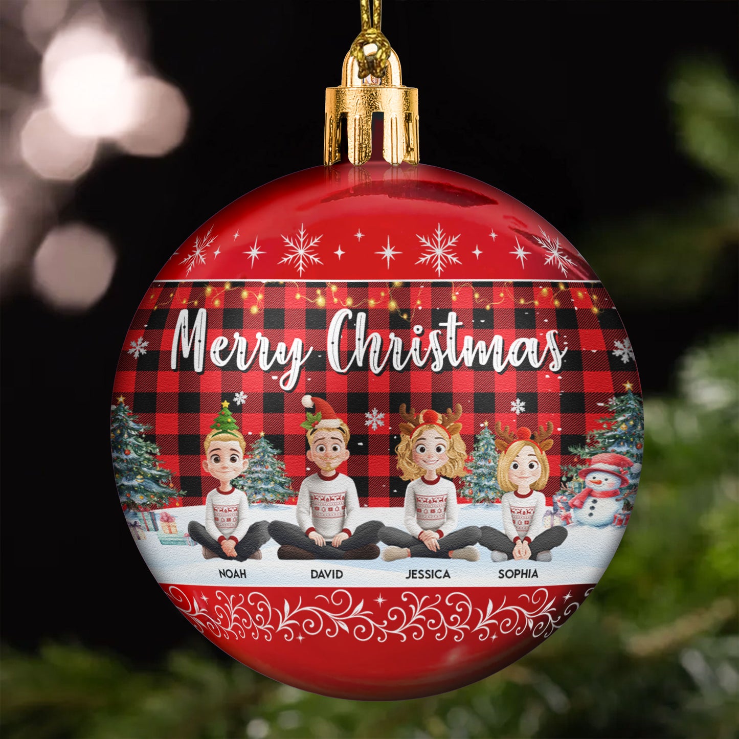 Family Sitting Festive Plant Buffalo Plaid - Personalized Ball Ornament
