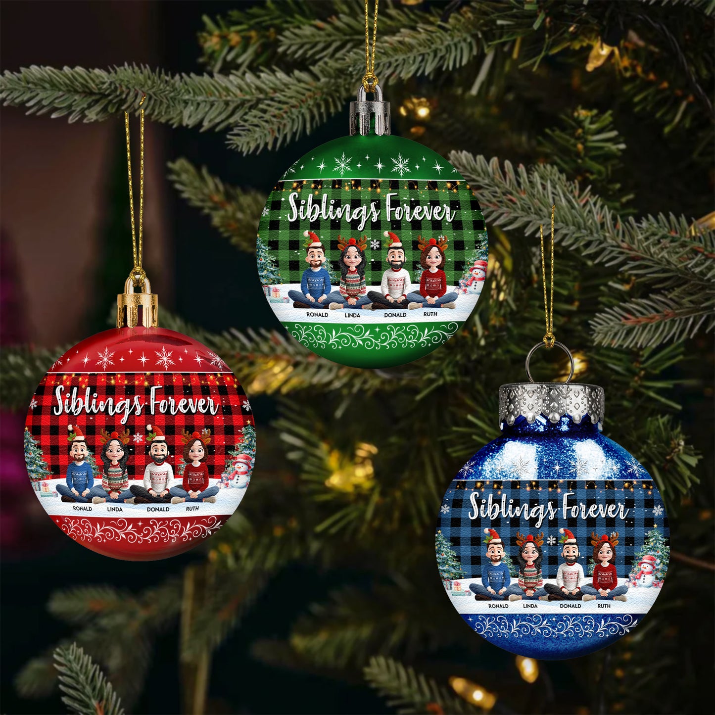 Family Sitting Festive Plant Buffalo Plaid - Personalized Ball Ornament