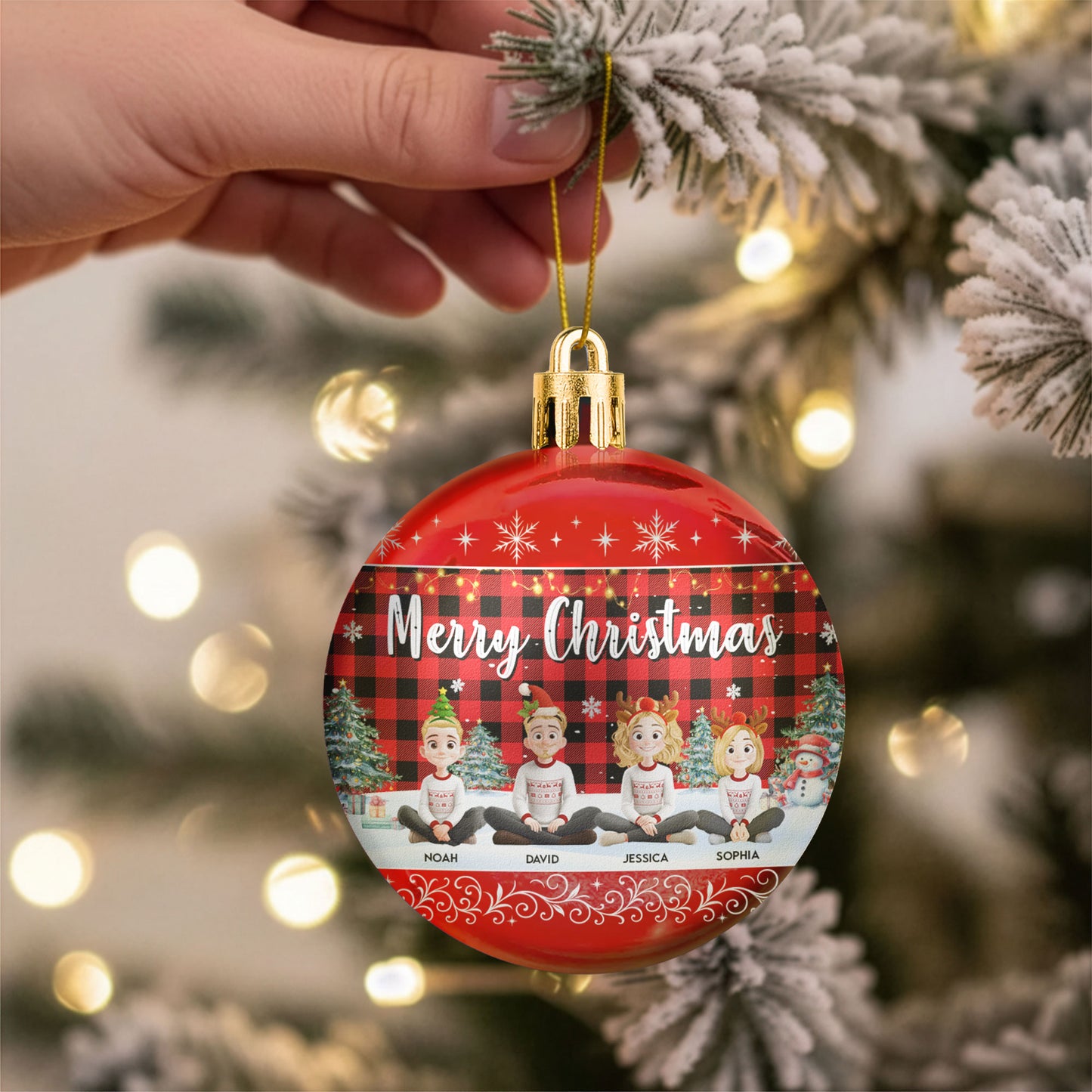Family Sitting Festive Plant Buffalo Plaid - Personalized Ball Ornament