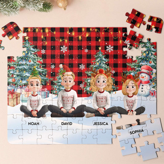 Family Sitting Festive Plant Buffalo Plaid - Personalized Jigsaw Puzzle