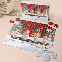 Family Sitting Festive Plant Buffalo Plaid - Personalized Jigsaw Puzzle