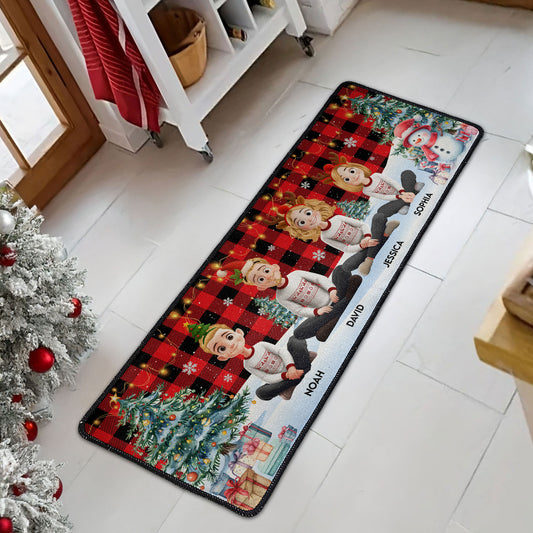 Family Sitting Festive Plant Buffalo Plaid - Personalized Runner Rug