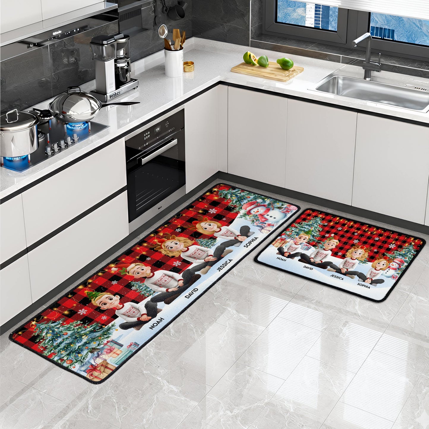 Family Sitting Festive Plant Buffalo Plaid - Personalized Runner Rug