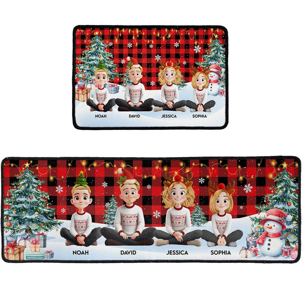 Family Sitting Festive Plant Buffalo Plaid - Personalized Runner Rug