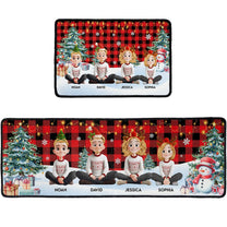 Family Sitting Festive Plant Buffalo Plaid - Personalized Runner Rug