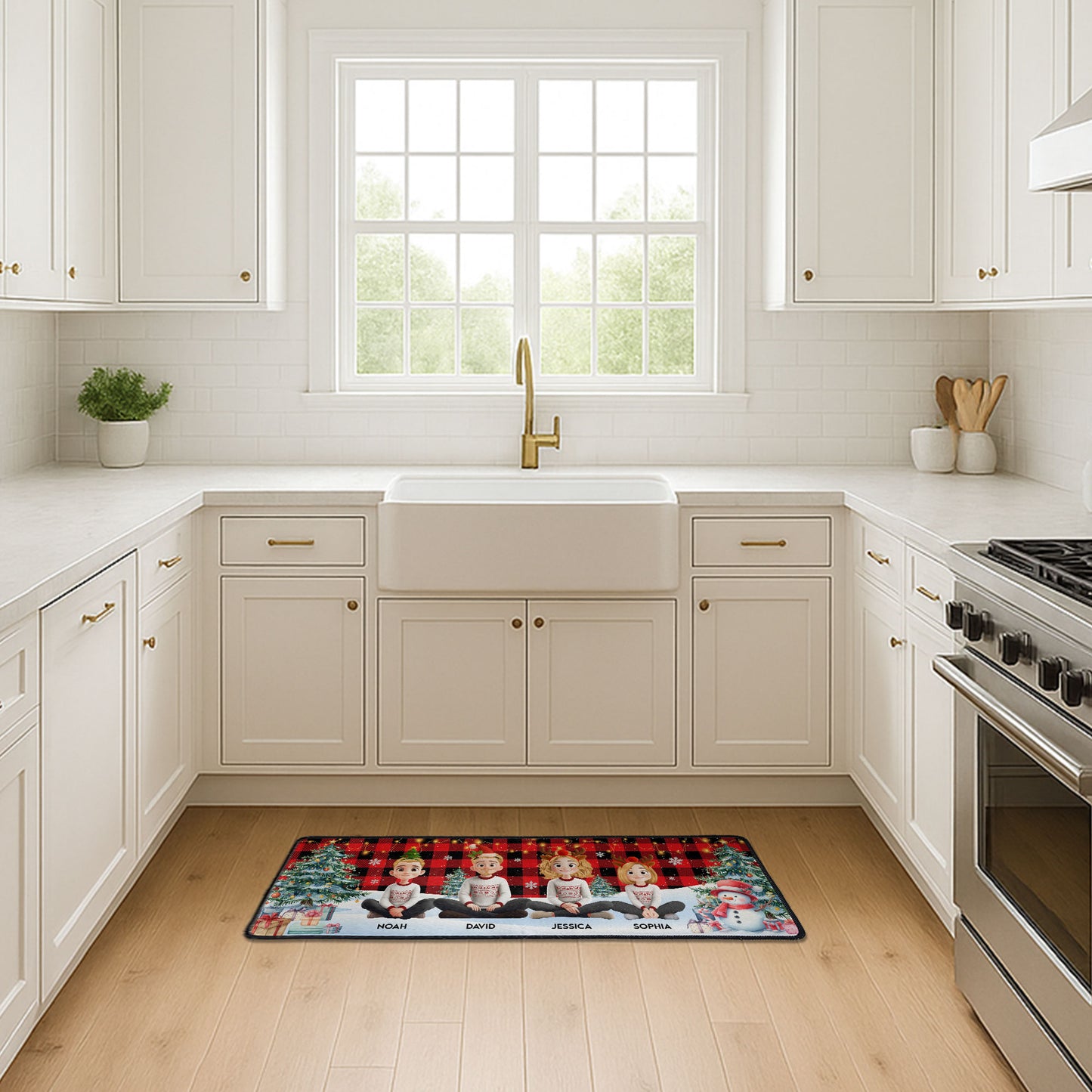 Family Sitting Festive Plant Buffalo Plaid - Personalized Runner Rug