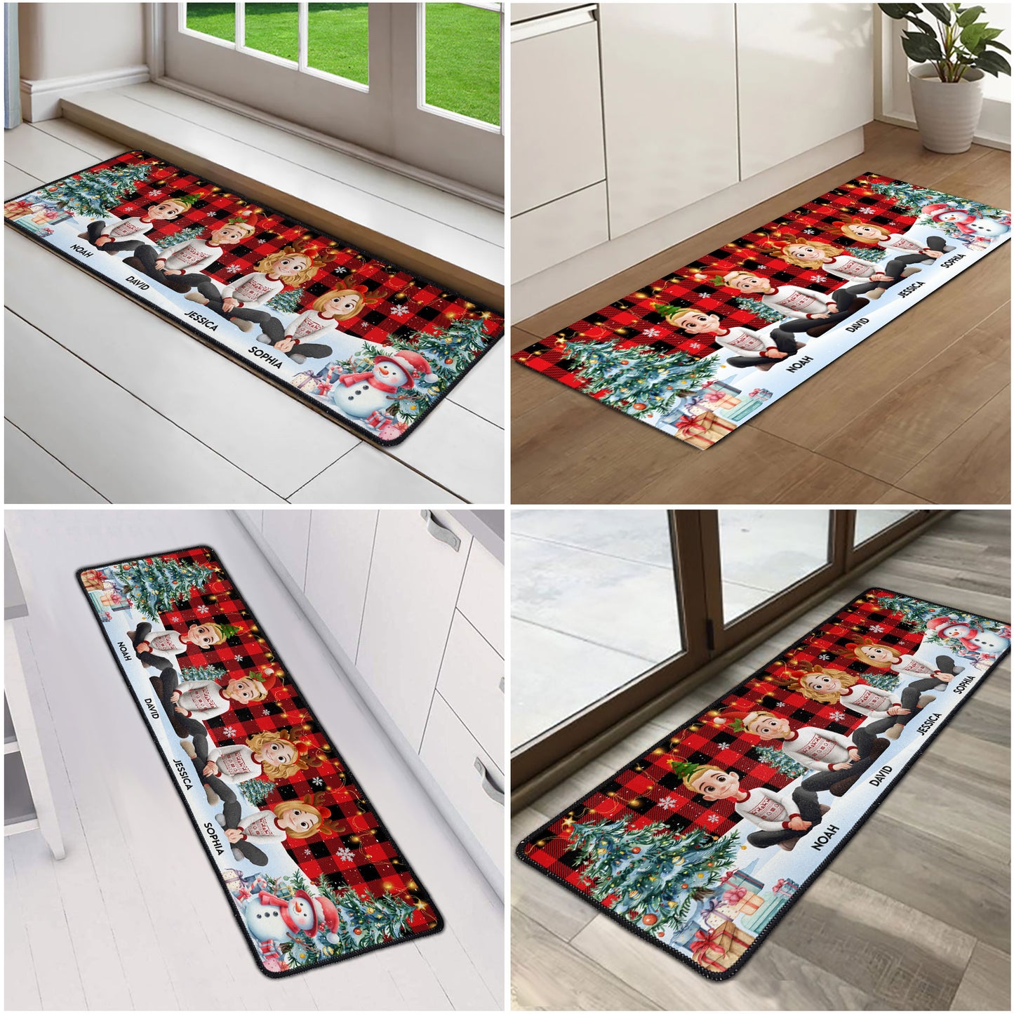 Family Sitting Festive Plant Buffalo Plaid - Personalized Runner Rug