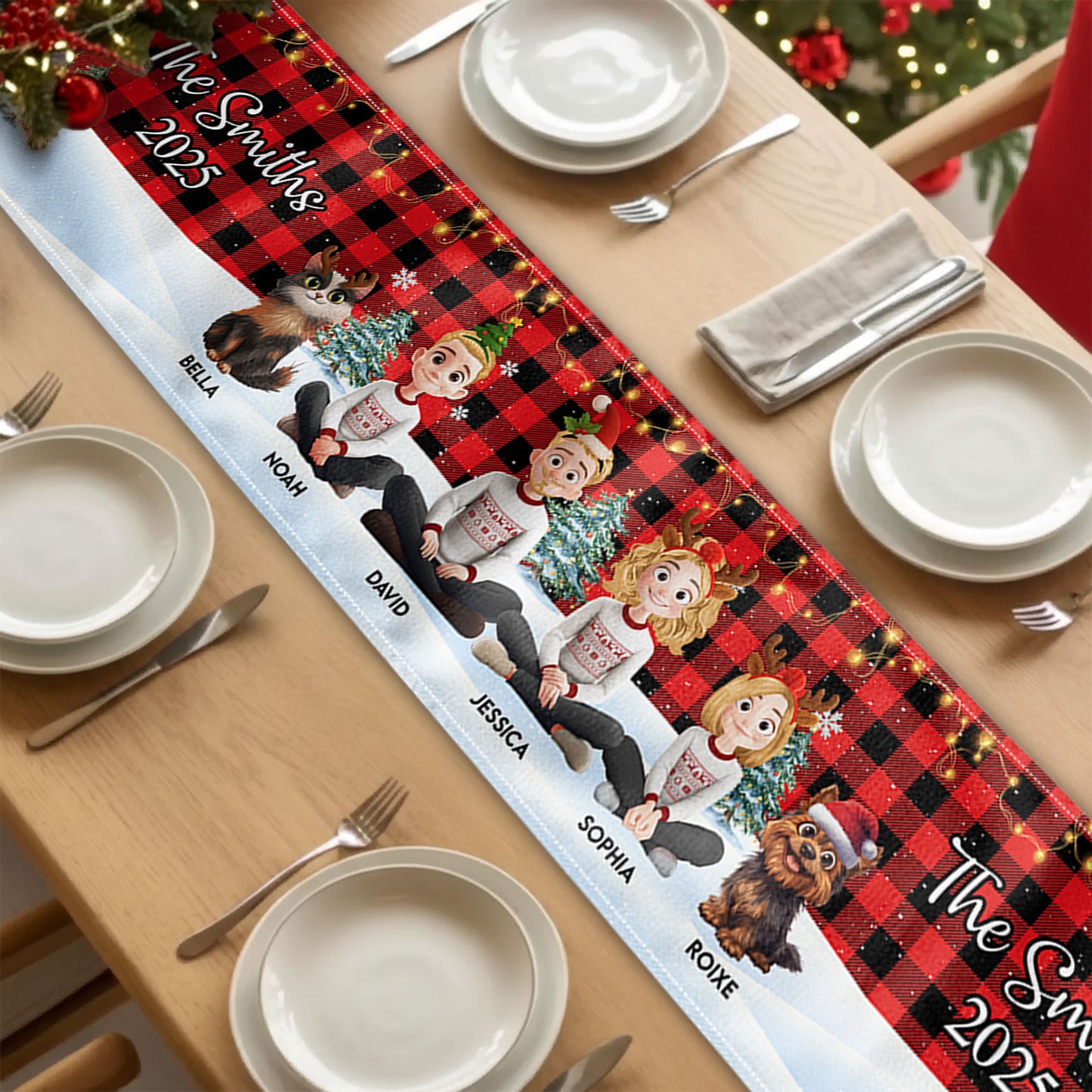 Family Sitting Festive Plant Buffalo Plaid - Personalized Table Runner
