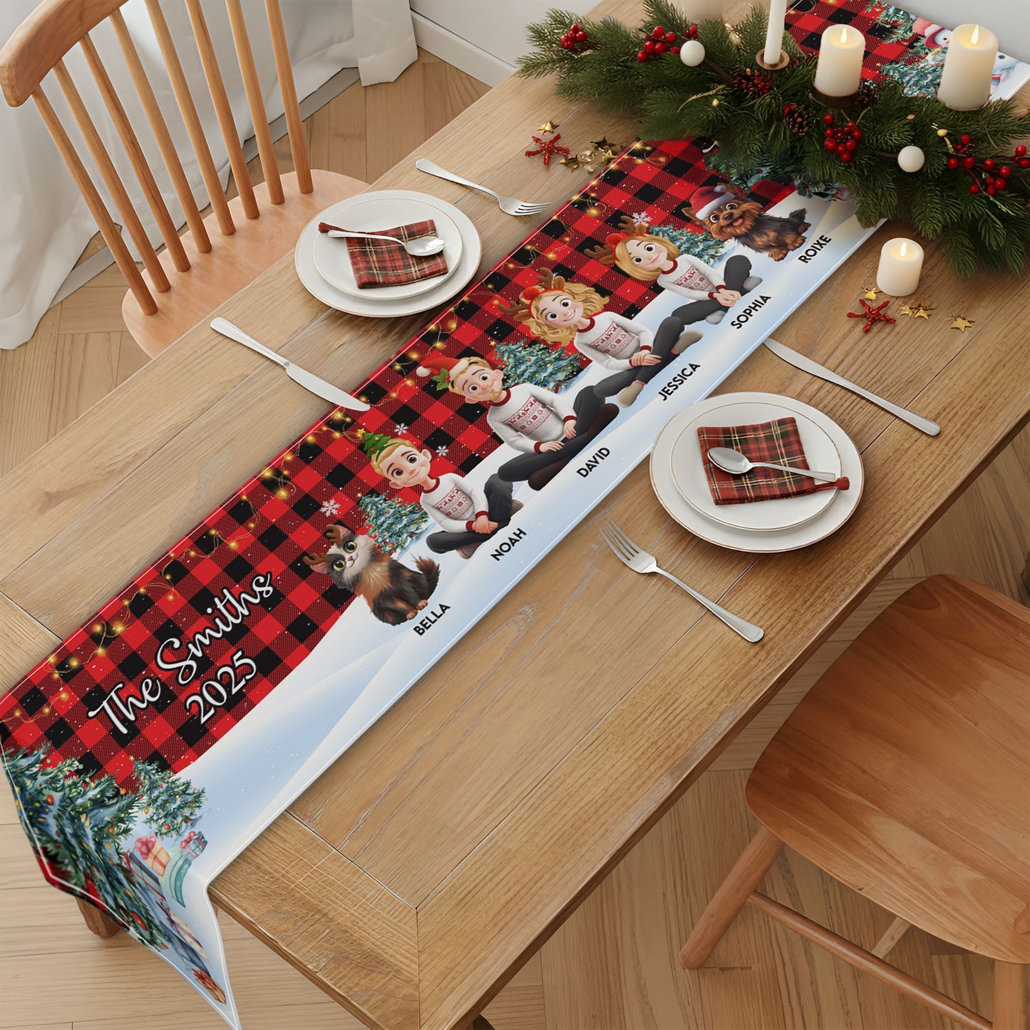Family Sitting Festive Plant Buffalo Plaid - Personalized Table Runner