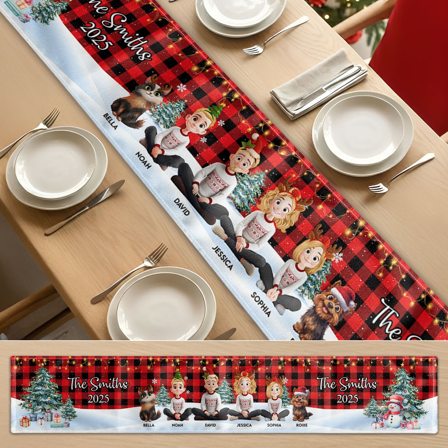 Family Sitting Festive Plant Buffalo Plaid - Personalized Table Runner