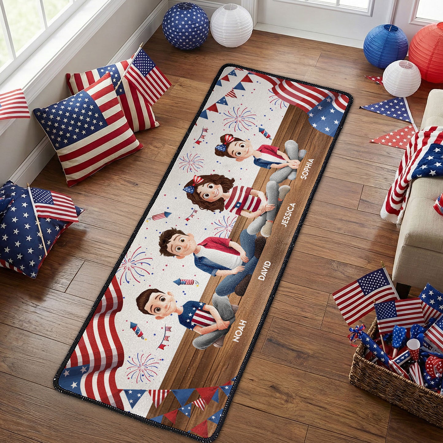 Family Sitting Happy Birthday USA - Personalized Runner Rug