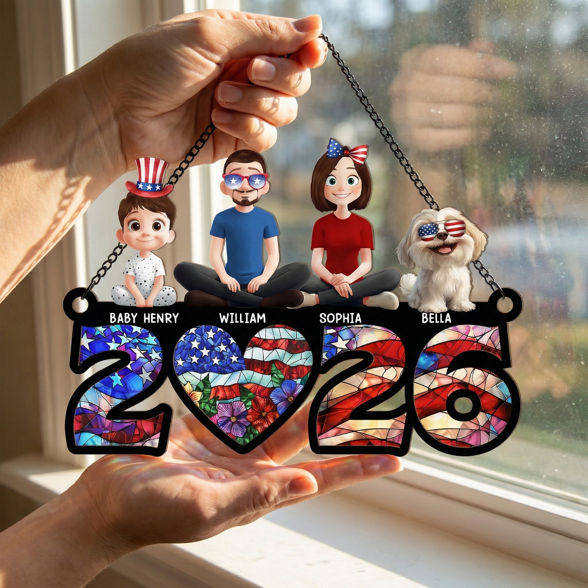 Family Sitting Happy Birthday USA - Personalized Window Hanging Suncatcher Ornament