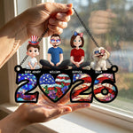 Family Sitting Happy Birthday USA - Personalized Window Hanging Suncatcher Ornament