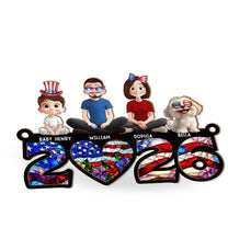 Family Sitting Happy Birthday USA - Personalized Window Hanging Suncatcher Ornament