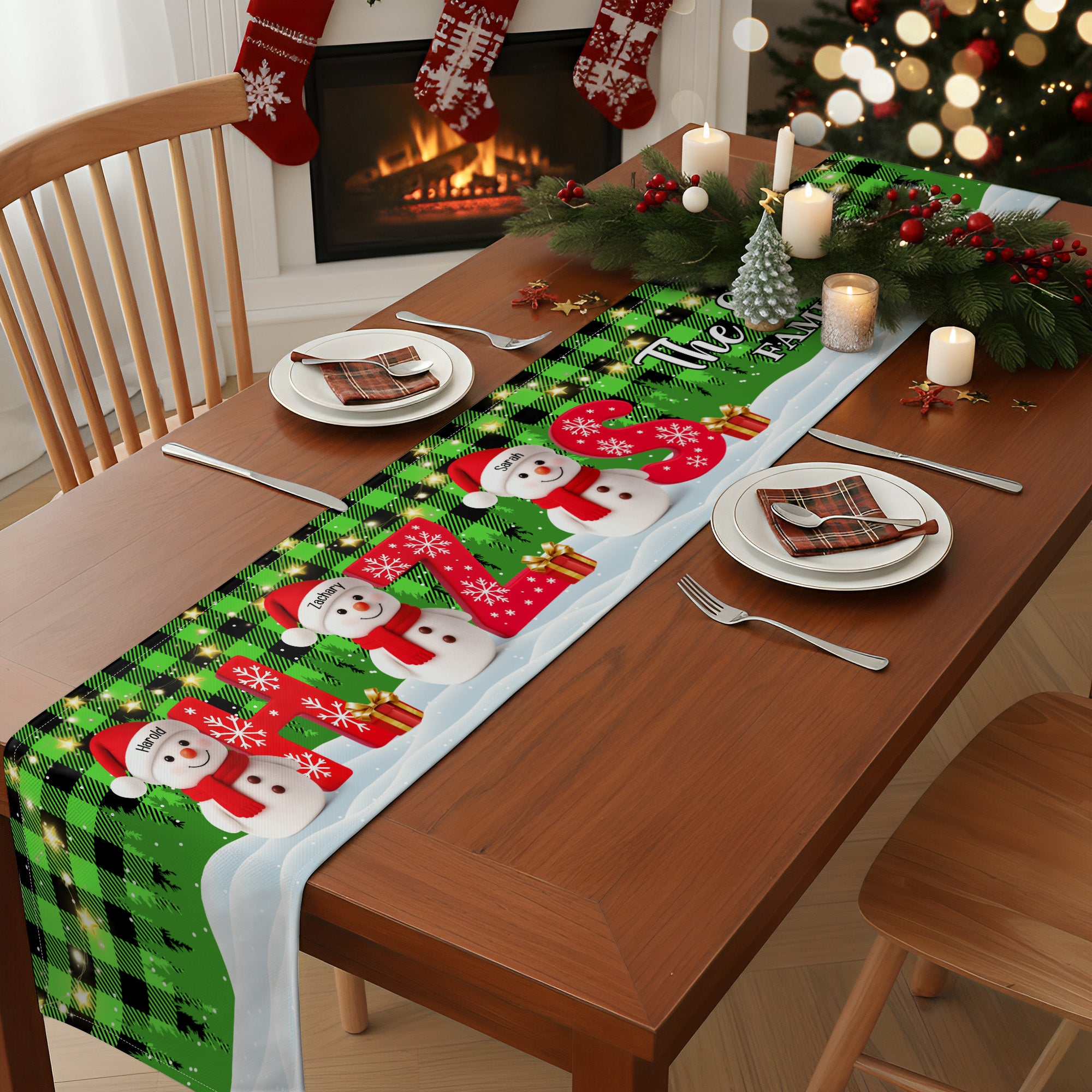 Family Snowman Initial Christmas - Personalized Table Runner