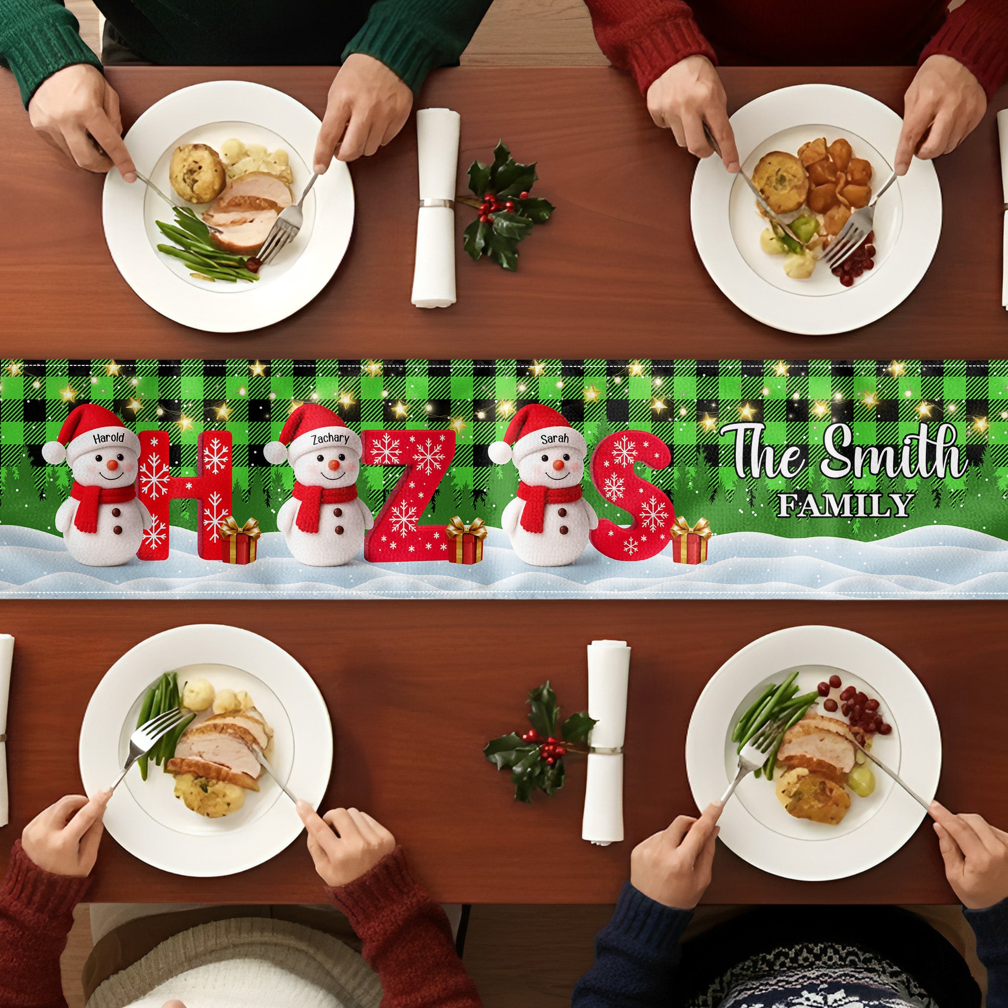 Family Snowman Initial Christmas - Personalized Table Runner