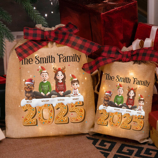 Family Together Christmas Time - Personalized Lighted Burlap Sack