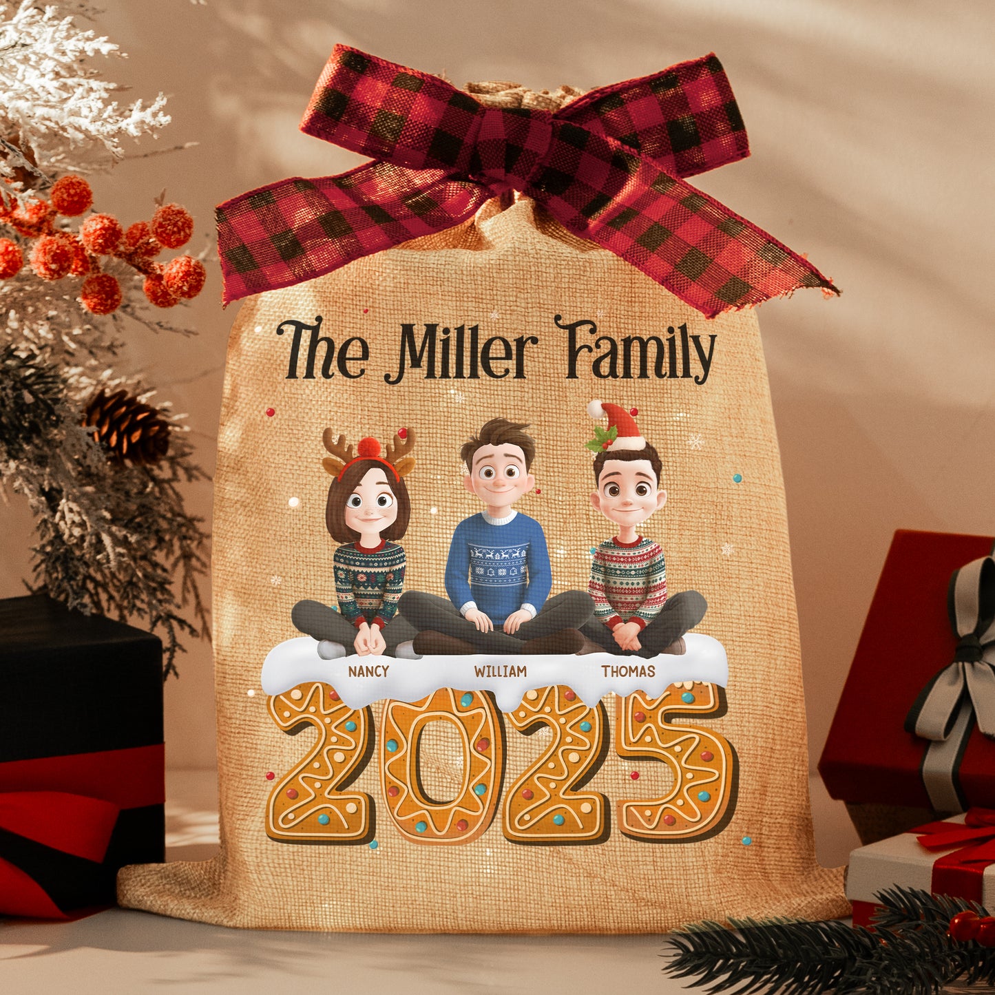 Family Together Christmas Time - Personalized Lighted Burlap Sack
