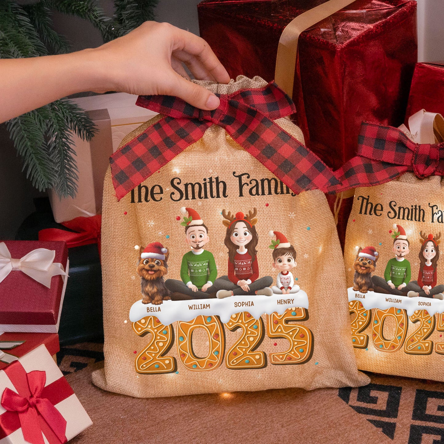 Family Together Christmas Time - Personalized Lighted Burlap Sack