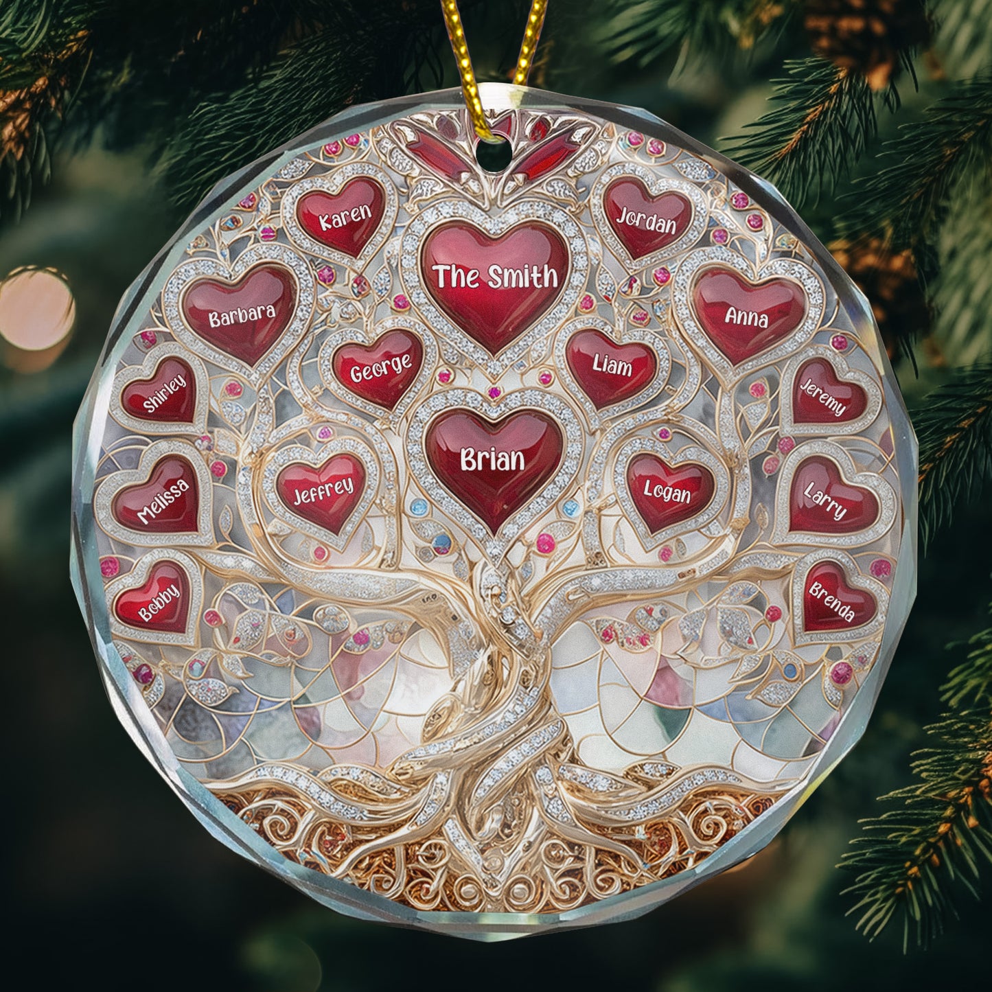 Family Tree Hearts & Names, Jewelry Style Printed - Personalized Glass Ornament
