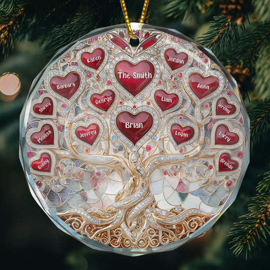 Family Tree Hearts & Names, Jewelry Style Printed - Personalized Glass Ornament
