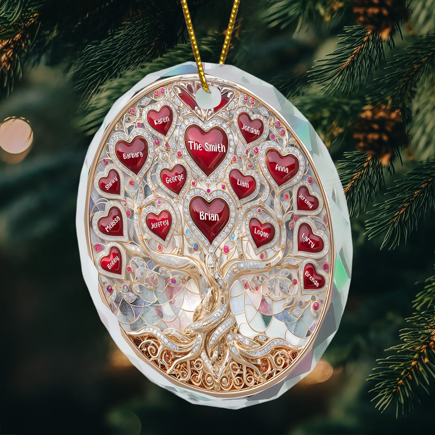 Family Tree Hearts & Names, Jewelry Style Printed - Personalized Glass Ornament