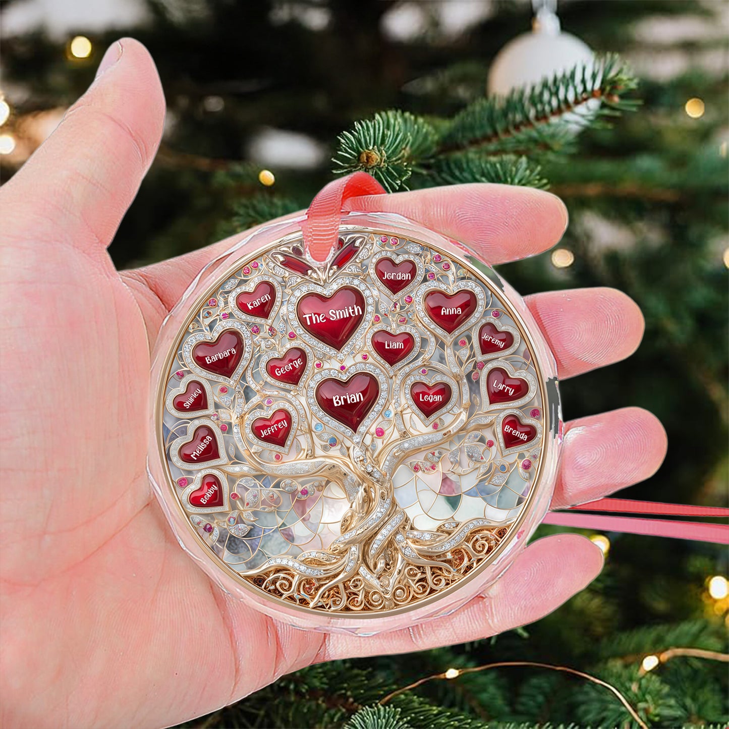 Family Tree Hearts & Names, Jewelry Style Printed - Personalized Glass Ornament