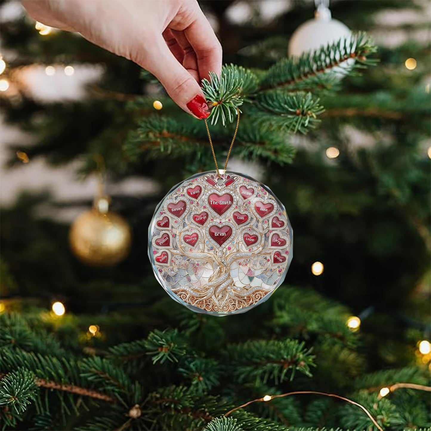 Family Tree Hearts & Names, Jewelry Style Printed - Personalized Glass Ornament