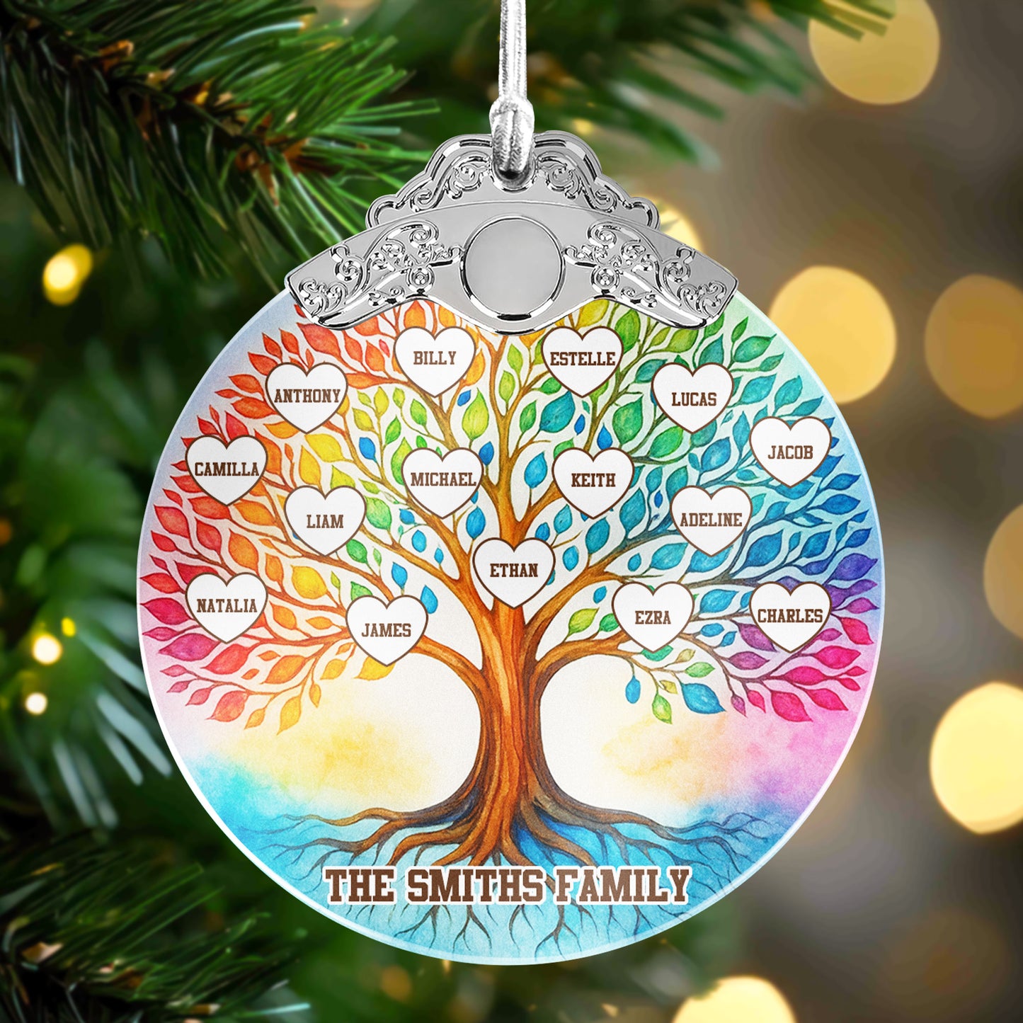 Family Tree Of Life Custom With Names - Personalized Glass Ornament With Silver Cap