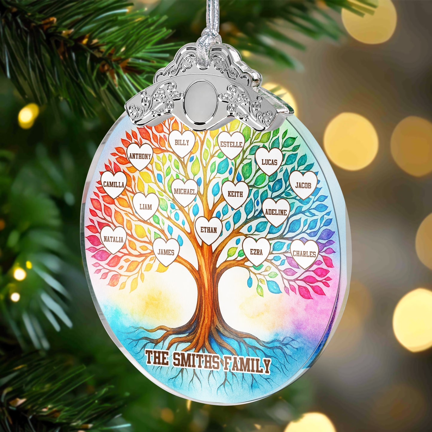 Family Tree Of Life Custom With Names - Personalized Glass Ornament With Silver Cap