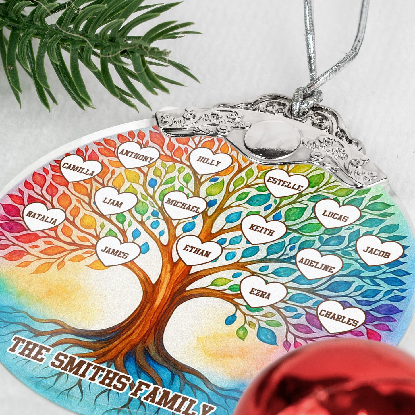 Family Tree Of Life Custom With Names - Personalized Glass Ornament With Silver Cap