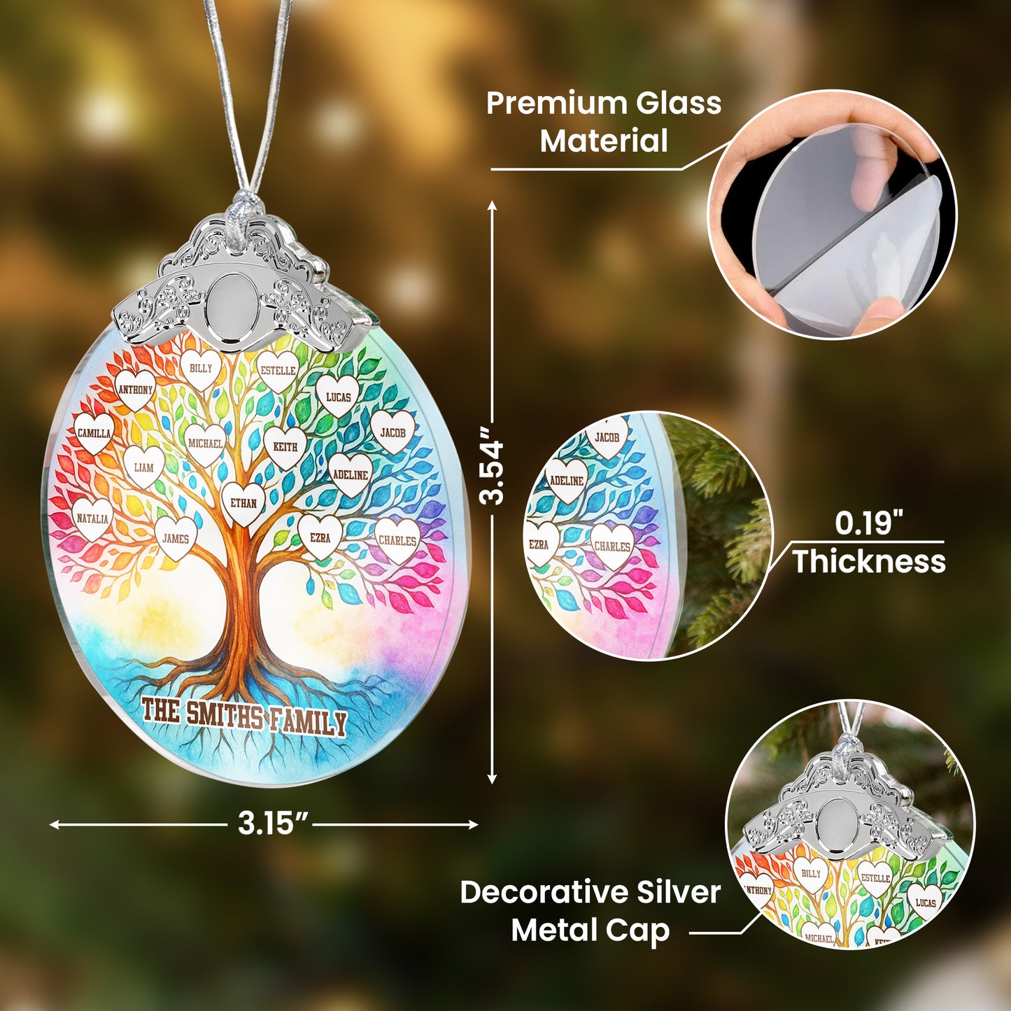Family Tree Of Life Custom With Names - Personalized Glass Ornament With Silver Cap