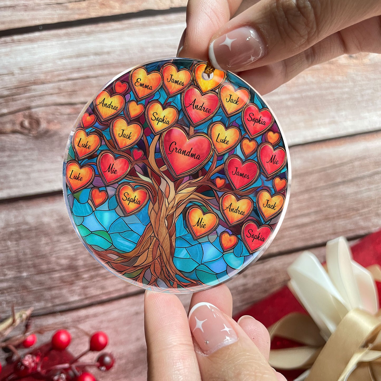 Family Tree With Hearts & Names For Grandparents Siblings - Personalized Acrylic Ornament