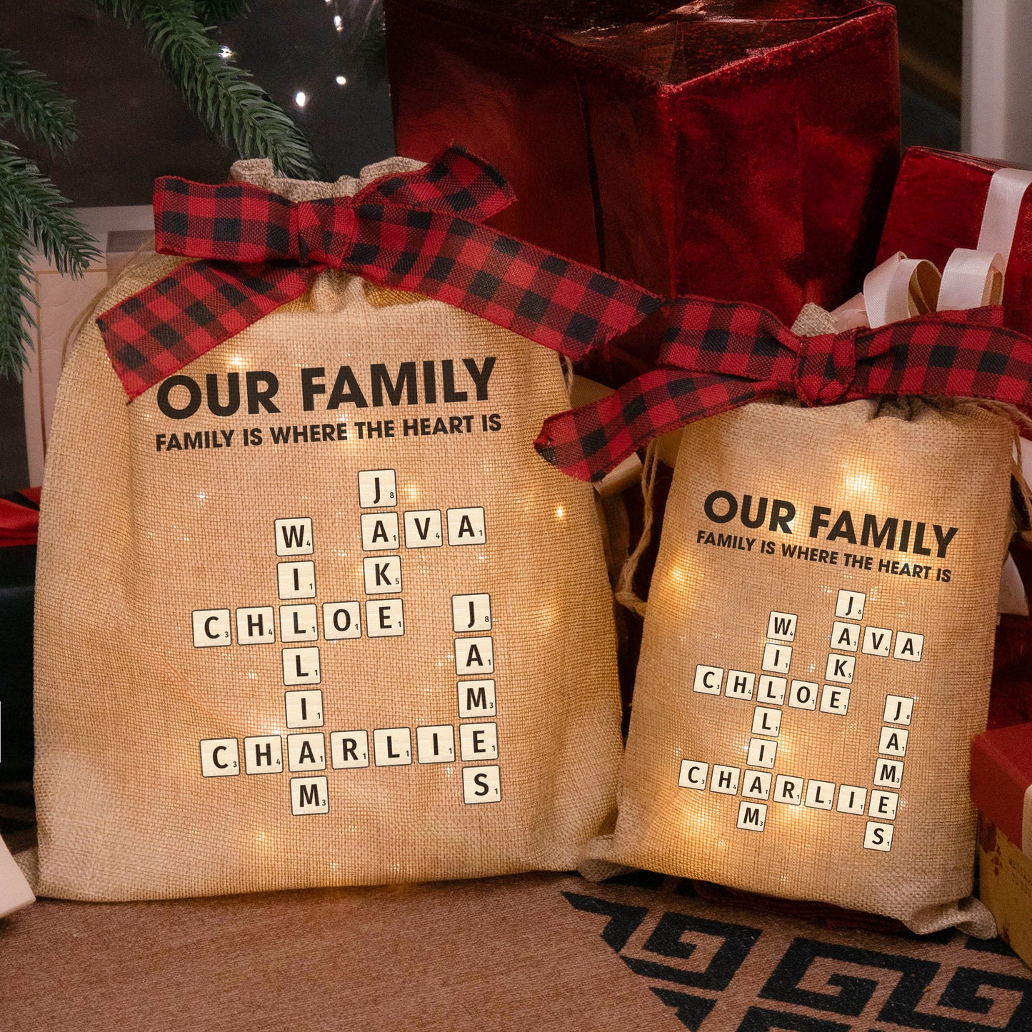 Family Is Where The Heart Is - Personalized Lighted Burlap Sack