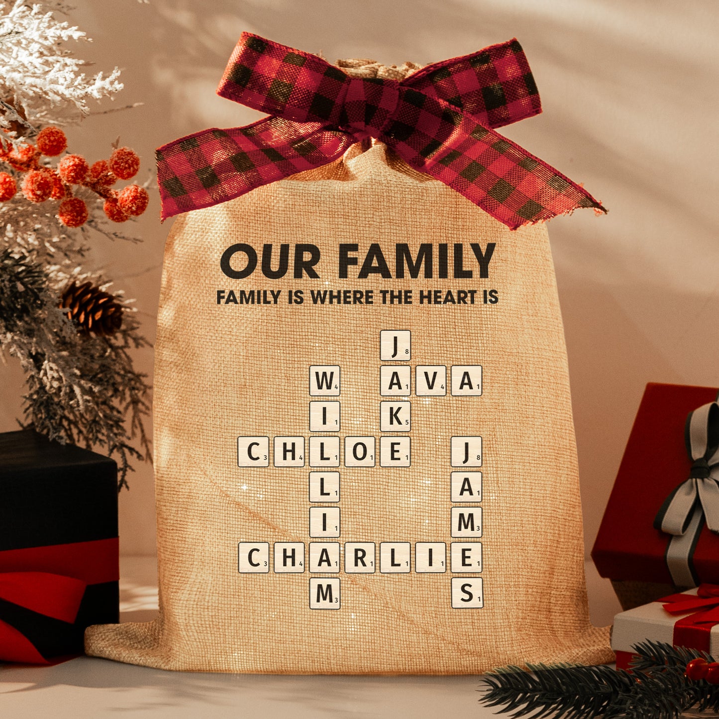 Family Is Where The Heart Is - Personalized Lighted Burlap Sack