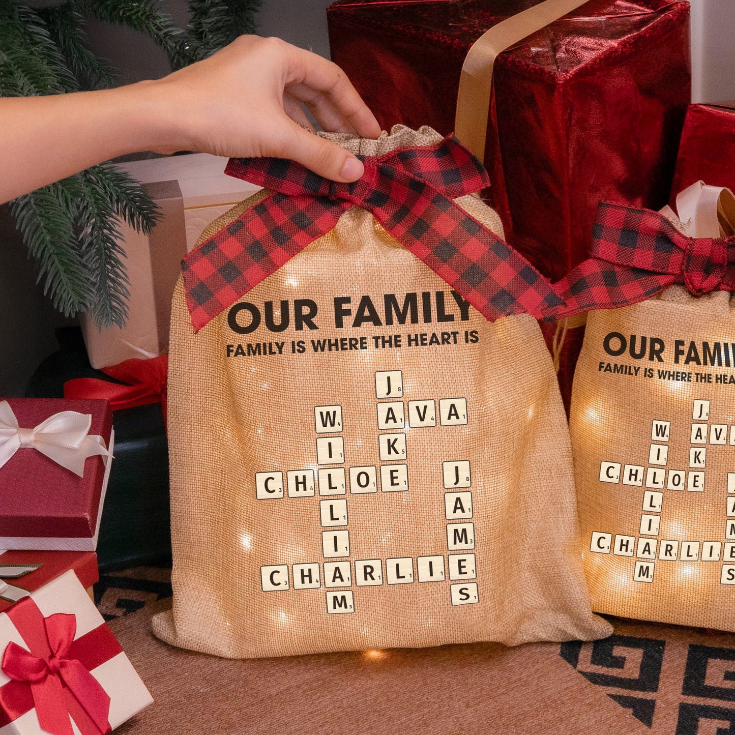 Family Is Where The Heart Is - Personalized Lighted Burlap Sack