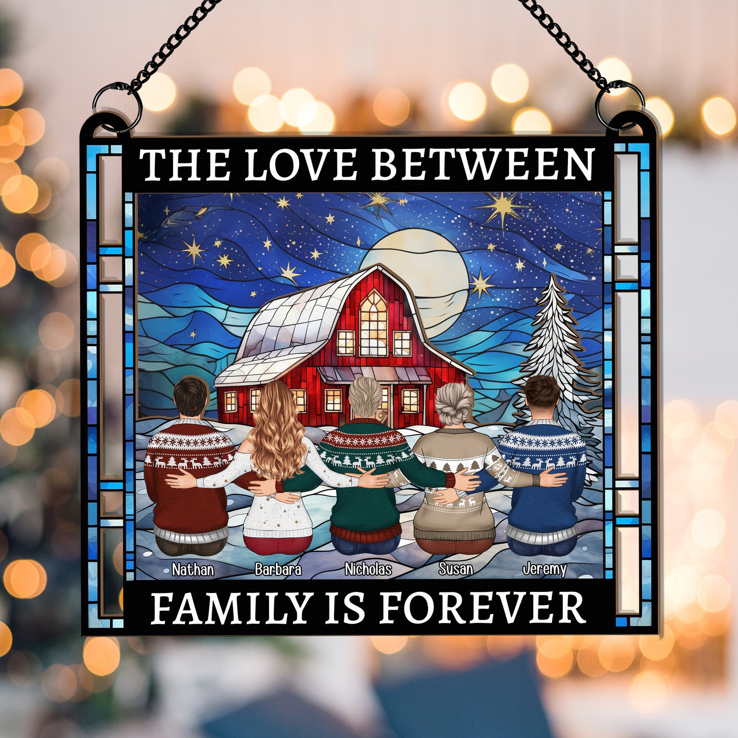 Family, Friends Sitting Together Christmas Red Barn - Personalized Suncatcher Window Hanging Ornament