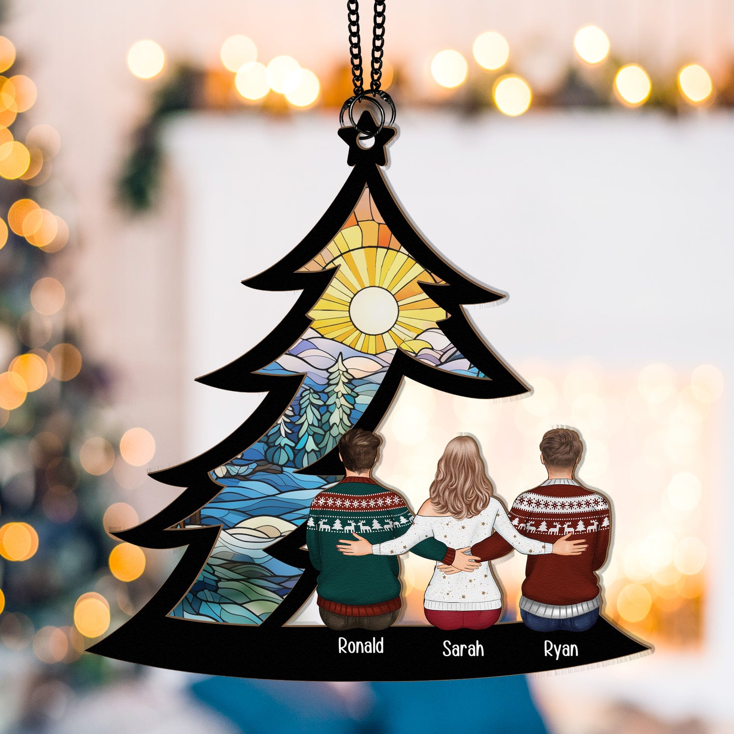 Family, Siblings Sitting Under Christmas Tree - Personalized Window Hanging Suncatcher Ornament