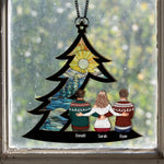 Family, Siblings Sitting Under Christmas Tree - Personalized Window Hanging Suncatcher Ornament