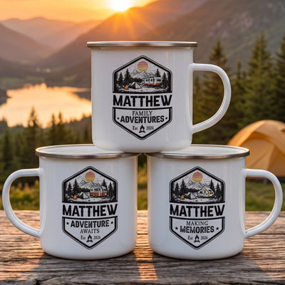 Family Adventures Camping Mug, Lake Friends Trip, Camper Enamel Mug - Personalized Mugs