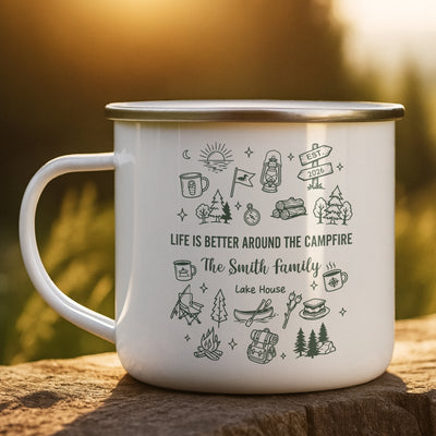 Family Camping Mug, Lake Friends Trip, Camper Adventure Enamel Mug - Personalized Mugs