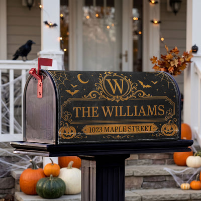 Family Monogram With Address Vintage Haloween Decor - Personalized Mailbox Cover