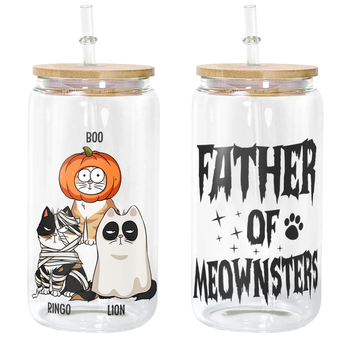 Father Of Meownsters - Personalized Clear Glass Cup